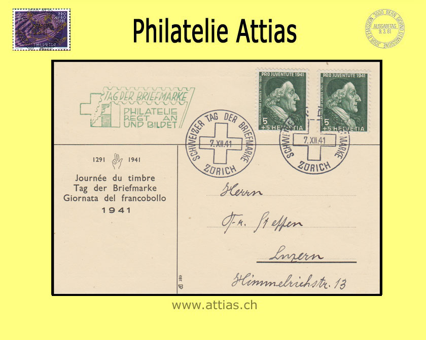 CH 1941 TdB Zürich, Karte mit Zusatzstempel "Tag der Briefmarke" gestempelt 7.XII.41 Zürich