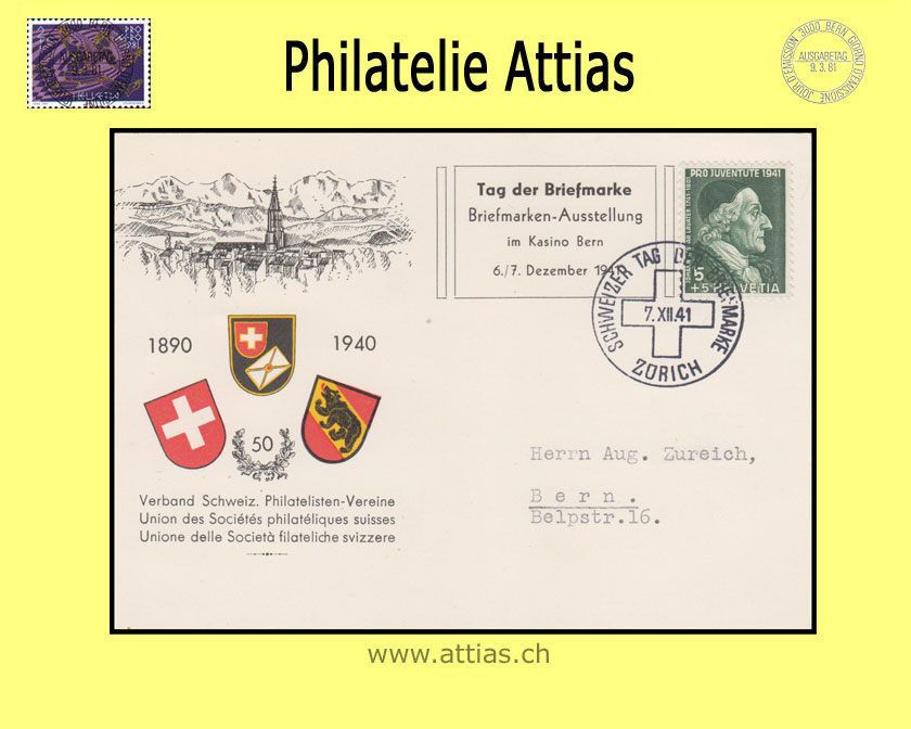 CH 1941 TdB Zürich ZH, Verbands-Karte mit Zudruck Tag der Briefmarke gestempelt 7.XII.41 Zürich