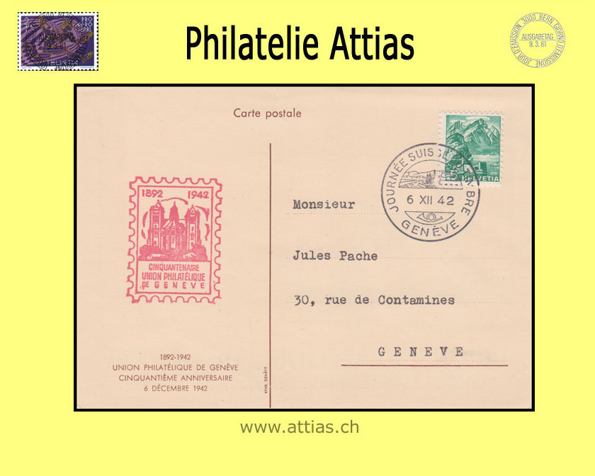 CH 1942 Stamp Day Geneva GE, societey card UPG cancelled 6.XII.42 Geneve