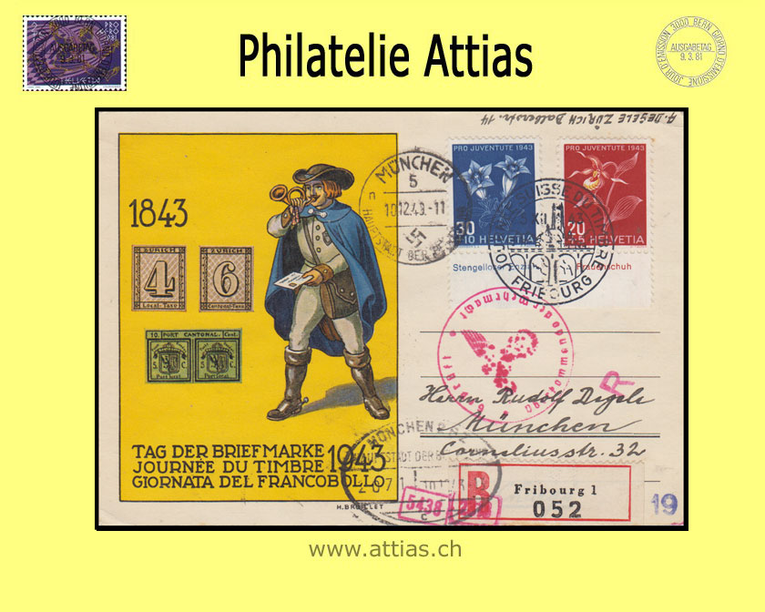 CH 1943 Stamp Day Fribourg FR, card cancelled 5.XII.43 Fribourg to Munich GE with censorship