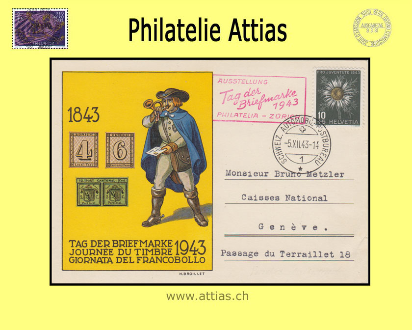 CH 1943 Stamp Day Fribourg FR, card with Autombil-Postbüro cancellation and red add-on cancellation Zurich