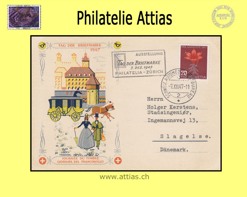 CH 1947 TdB Luzern LU, Karte mit Automobil-Postbüro Stempel und schwarzem Zusatzstempel Philatelia Zürich