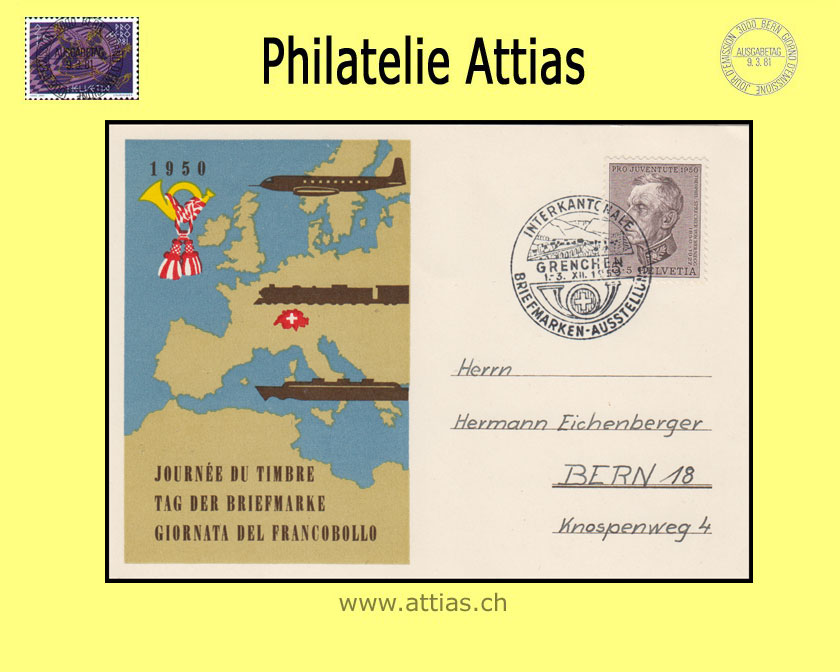 CH 1950 TdB Grenchen SO, Karte gestempelt 1.-3.XII.1950 Grenchen - Interkantonale Briefmarken-Ausstellung