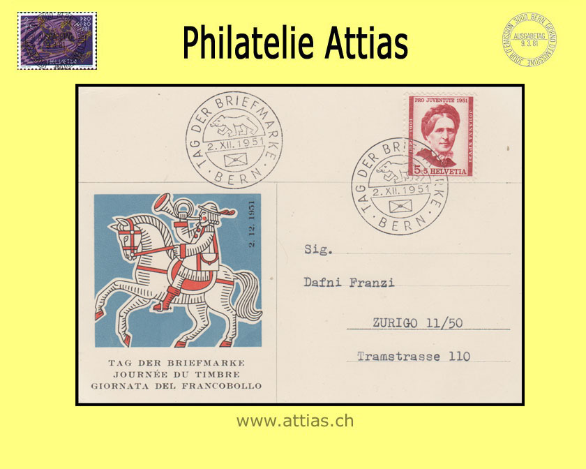 CH 1951 Stamp Day Bern BE, card cancelled 2.XII.51 Bern