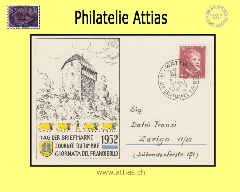 CH 1952 Stamp Day Wattwil SG, card cancelled 7.XII.52 Wattwil