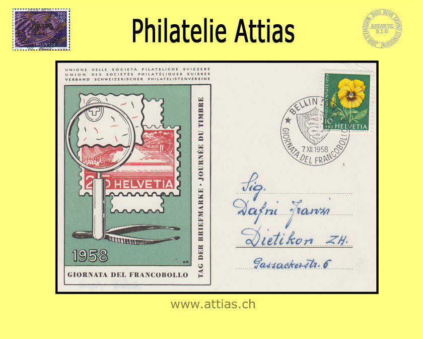 CH 1958 Stamp Day Bellinzona TI, card cancelled 7.XII.58 Bellinzona