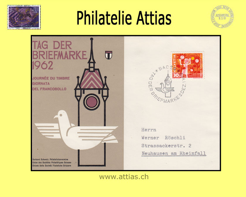 CH 1962 TdB Baden AG, Umschlag gestempelt 2.XII.62 Baden