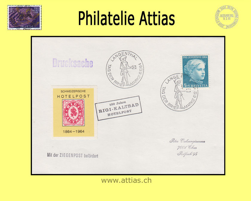 CH 1964 TdB Langenthal BE, Umschlag mit Hotelpost-Vignette gestempelt 6.12.64 Langenthal