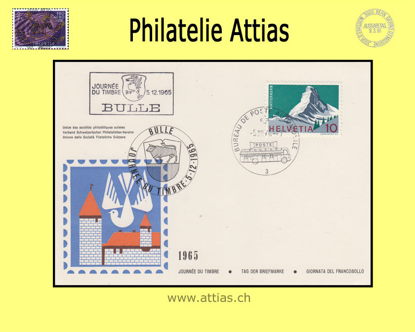 CH 1965 TdB Bulle FR, Karte gestempelt 5.XII.65 mit Automobil-Postbüro und Zusatzstempel Journée du Timbre