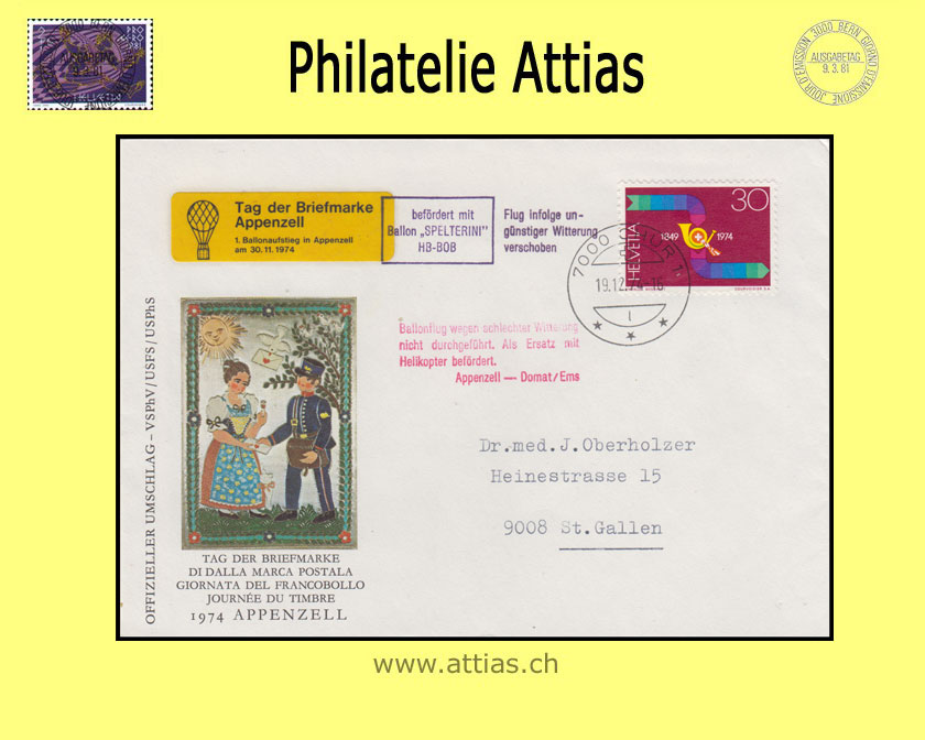 CH 1974 TdB Appenzell AI, Umschlag gestempelt 19.12.74 7000 Chur - Ballonaufstieg-Helikopterflug