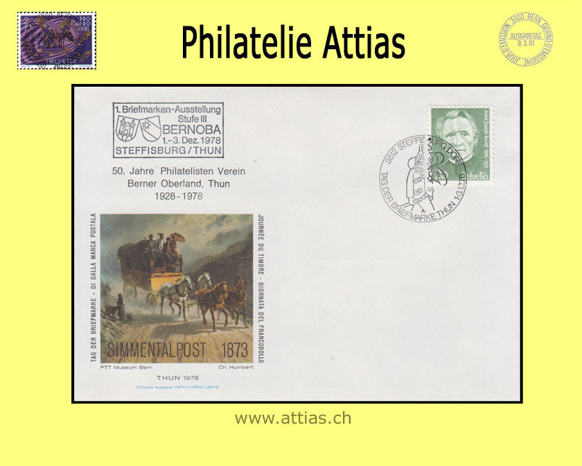 CH 1978 Stamp Day Thun BE, cover cancelled 1.-3.12.78 3612 Steffisburg Dorf, imprint 50 J.Phil. Berner Oberland