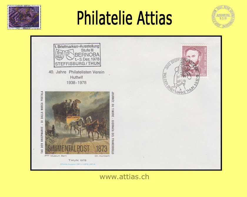 CH 1978 Stamp Day Thun BE, cover cancelled 1.-3.12.78 3612 Steffisburg Dorf, imprint 40 J.Phil. Huttwil