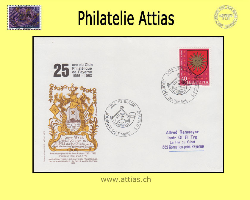 CH 1980 TdB St-Blaise NE, Umschlag mit Zudruck Payerne gestempelt 5-7.12.1980 2072 St-Blaise