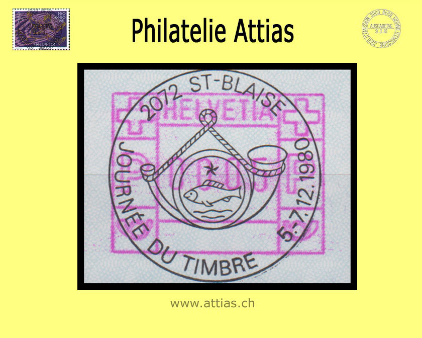 CH 1980 TdB St-Blaise NE, Sonderstempel Journée du Timbre 1980 auf Automaten-Marke (ATM)