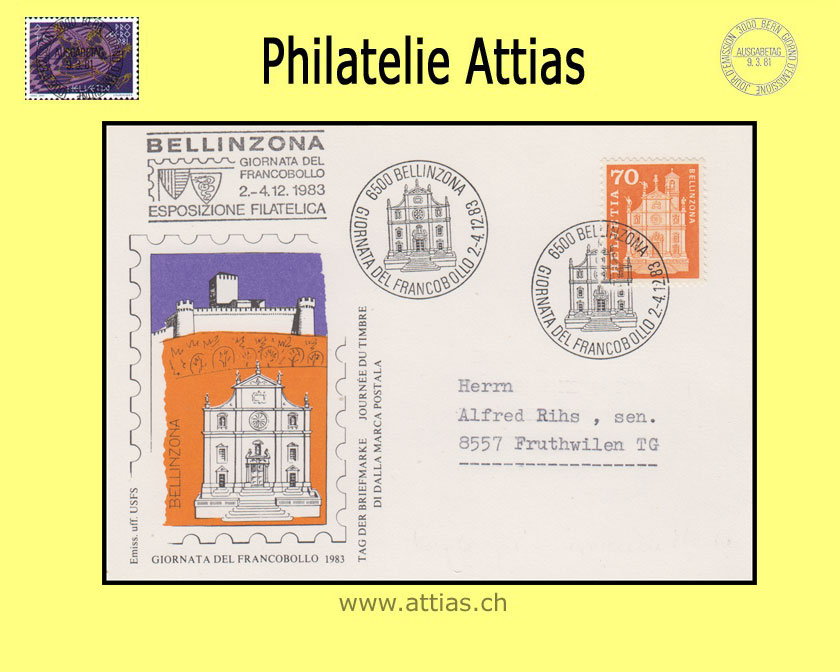 CH 1983 TdB Bellinzona TI, Karte gestempelt 2.-4.12.83 6500 Bellinzona mit Zusatzstempel