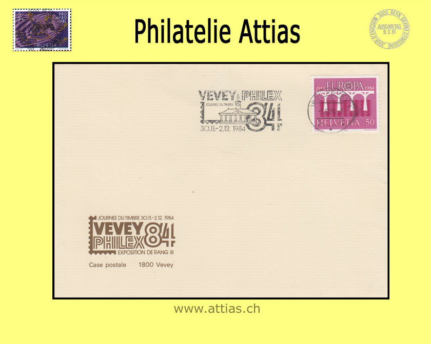CH 1984 TdB Vevey VD, Vereins-Umschlag gestempelt mit Maschinen-Flagge 1.10.84 1800 Vevey