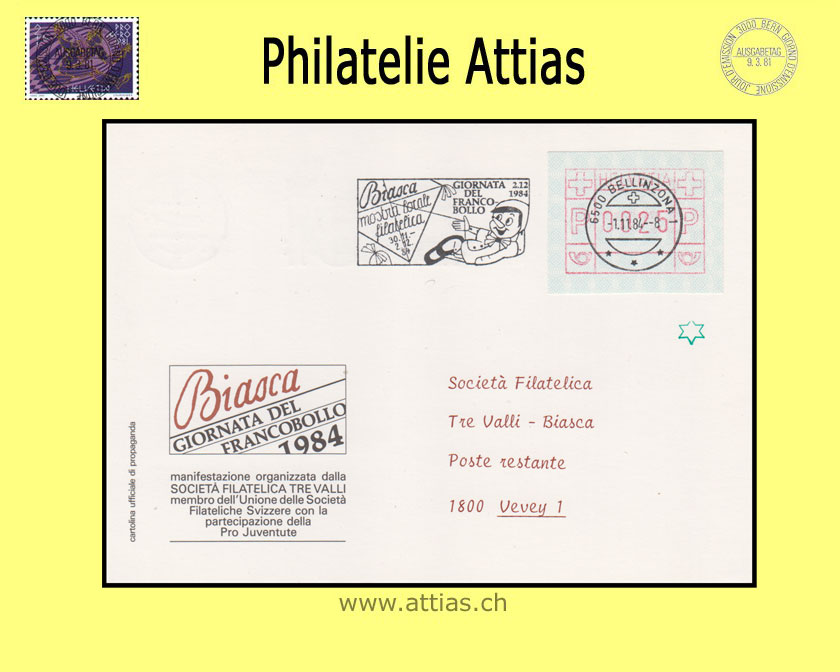CH 1984 TdB Vevey VD, Vereins-Karte Biasca gestempelt mit Maschinen-Flagge 1.11.84 6500 Bellinzona