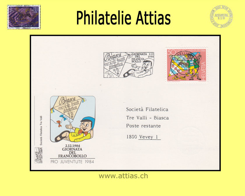 CH 1984 TdB Vevey VD, Vereins-Karte Pinocio gestempelt mit Maschinen-Flagge 30.11.84 6500 Bellinzona