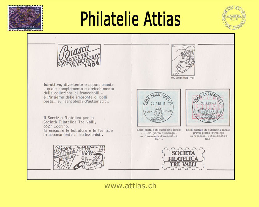 CH 1984 TdB Vevey VD, Vereins-Souvenir Folder gestempelt 24.11.84 und 26.11.84 7304 Maienfeld