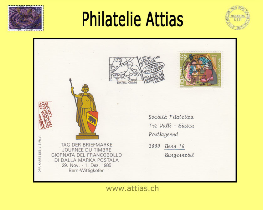 CH 1985 TdB Bern BE, Karte gestempelt mit Maschinen-Flagge 26.11.85 6500 Bellinzona mit Aufdruck links Acquarossa