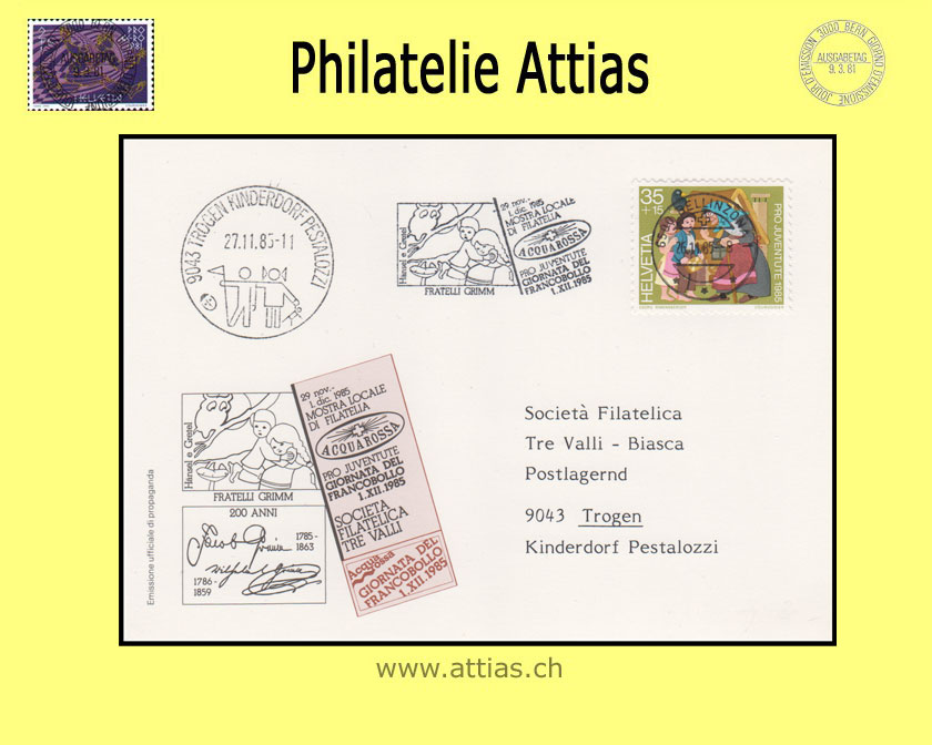 CH 1985 TdB Bern BE, Vereins-Karte Fratelli Grimm gestempelt mit Maschinen-Flagge 26.11.85 6500 Bellinzona