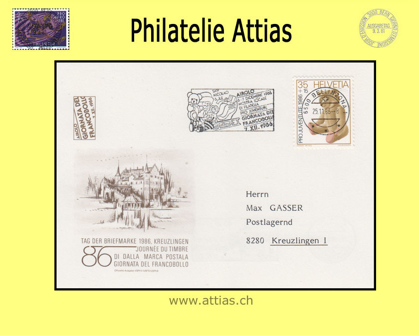 CH 1986 TdB Kreuzlingen TG, Karte gestempelt mit Maschinen-Flagge 25.11.86 6500 Bellinzona mit Aufdruck links Airolo