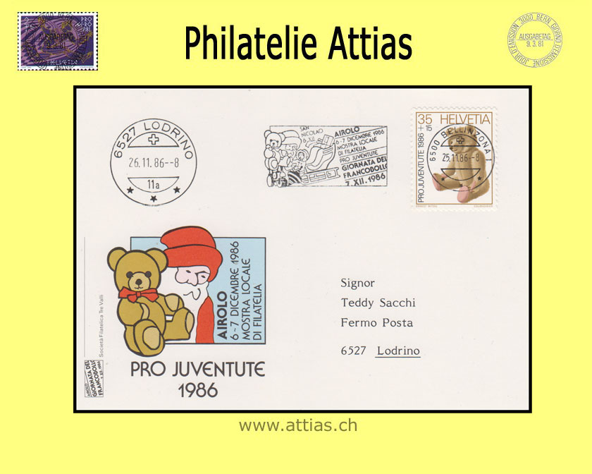 CH 1986 TdB Kreuzlingen TG, Vereins-Karte Teddybär gestempelt mit Maschinen-Flagge 25.11.86 6500 Bellinzona
