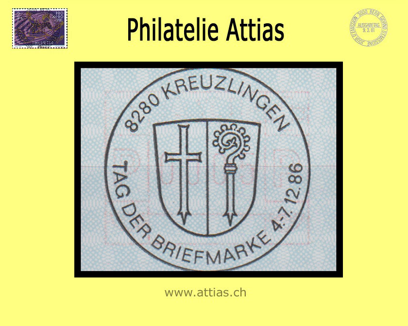 CH 1986 TdB Kreuzlingen TG, Sonderstempel Tag der Briefmarke 1986 auf Automaten-Marke (ATM)
