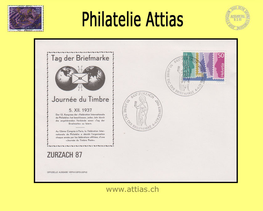 CH 1987 TdB Zurzach AG, Umschlag gestempelt 4.-6.12.87 8437 Zurzach, Druckprobe schwarz