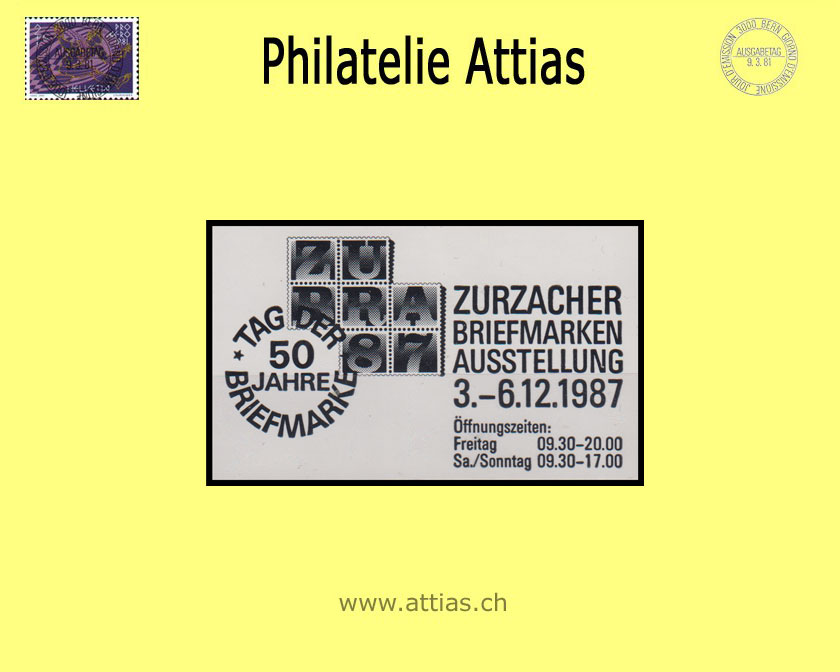 CH 1987 TdB Zurzach AG, Vereins-Vignette 50 Jahre Tag der Briefmarke - Zurzacher Briefmarken Ausstellung 3.-6.12.87
