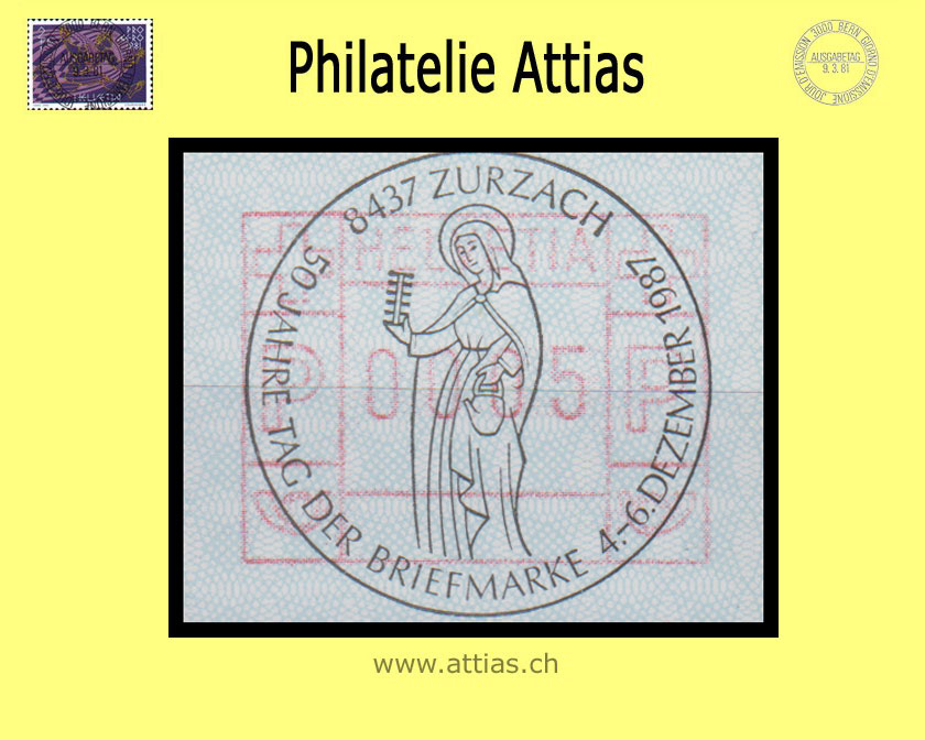 CH 1987 TdB Zurzach AG, Sonderstempel Tag der Briefmarke 1987 auf Automaten-Marke (ATM)