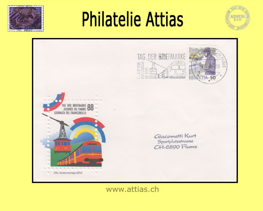 CH 1988 Stamp Day Langnau am Albis ZH, cover cancelled with machine flag 2.12.88 8135 Langnau am Albis