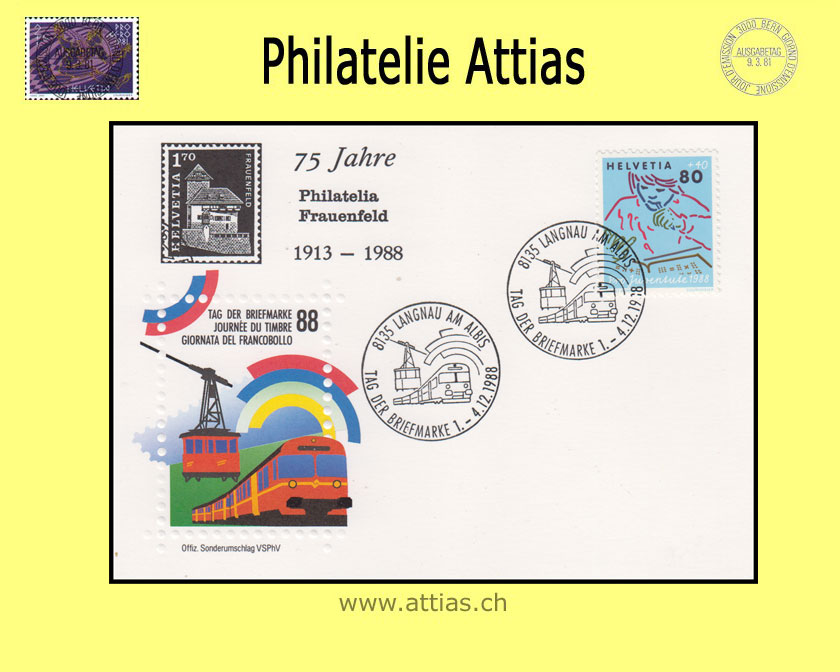 CH 1988 TdB Langnau am Albis ZH, Karte gestempelt 1.-4.12.1988 8135 Langnau am Albis und Zudruck Frauenfeld