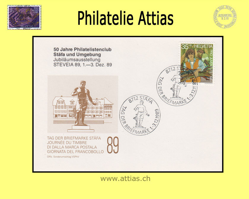 CH 1989 TdB Stäfa ZH, Karte mit Zudruck 50 J. Phil. Stäfa gestempelt 1.-3.12.1989 8712 Stäfa