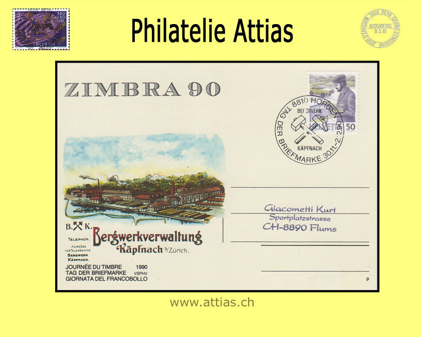 CH 1990 TdB Horgen ZH, Karte gestempelt 30.11.-2.12.90 8810 Horgen mit Zudruck ZIMBRA 90