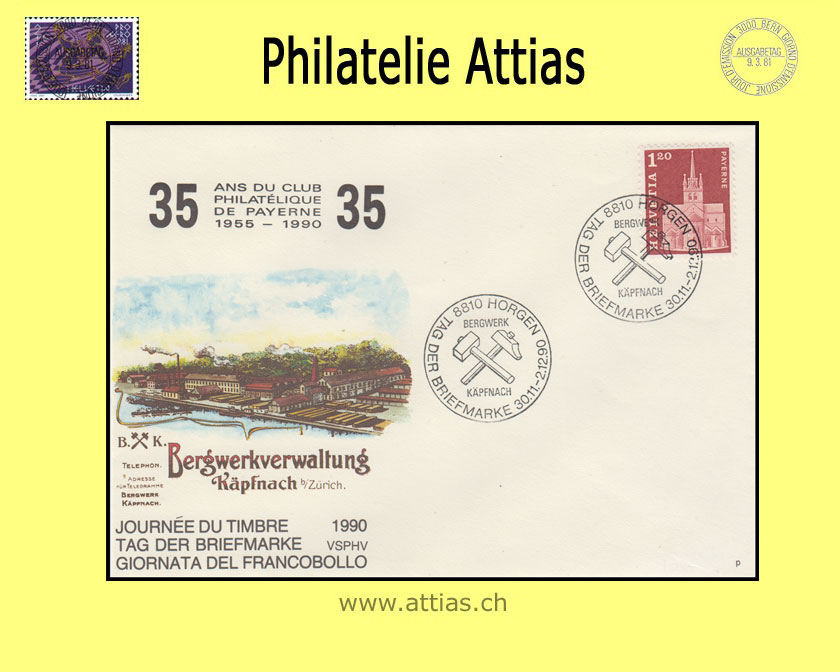 CH 1990 Stamp Day Horgen ZH, cover cancelled 30.11.-2.12.90 8810 Horgen with imprint 35 J. Payerne