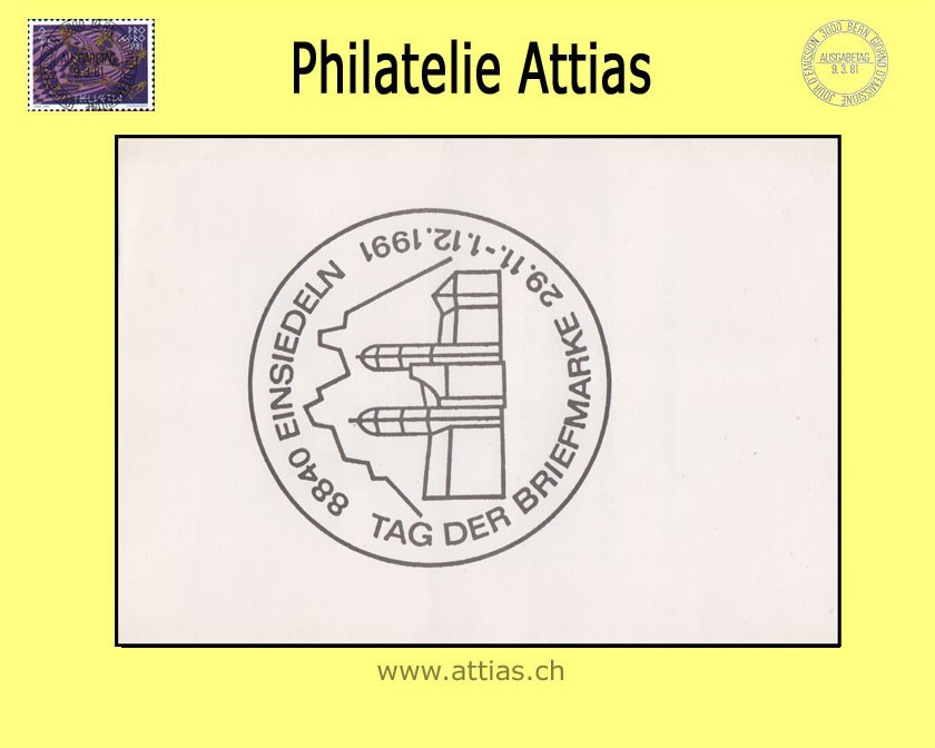 CH 1991 TdB Einsiedeln SZ, Folder (A5) mit Zudruck Kreispostdirektion gestempelt 29.11.-1.12.1991 8840 Einsiedeln