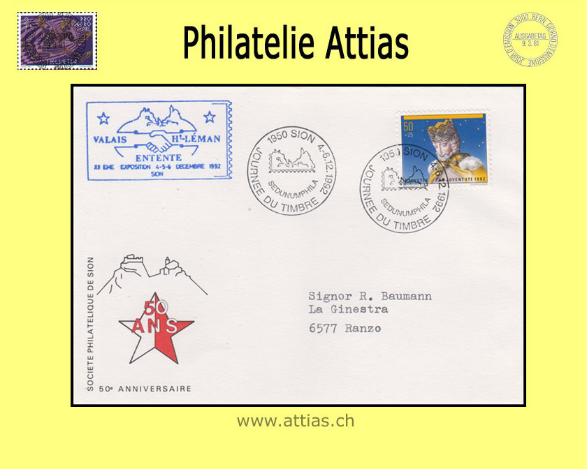CH 1992 TdB Sion VS, Vereins-Umschlag 50 Jahre Sion gestempelt 4.-6.12.1992 1950 Sion