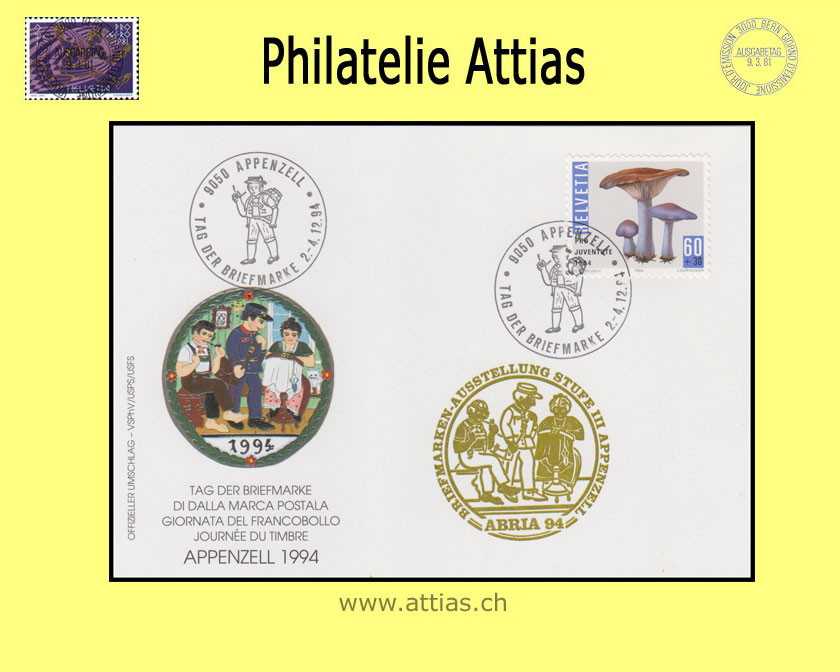 CH 1994 TdB Appenzell AI, Karte gestempelt 2.-4.12.94 9050 Appenzell mit Zudruck gold ABRIA 94