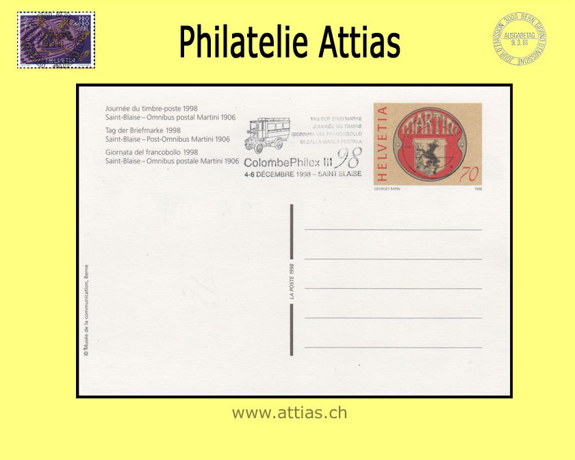 CH 1998 Stamp Day St-Blaise NE,  postal card cancelled with machine flag 25.11.98 2001 Neuchatel
