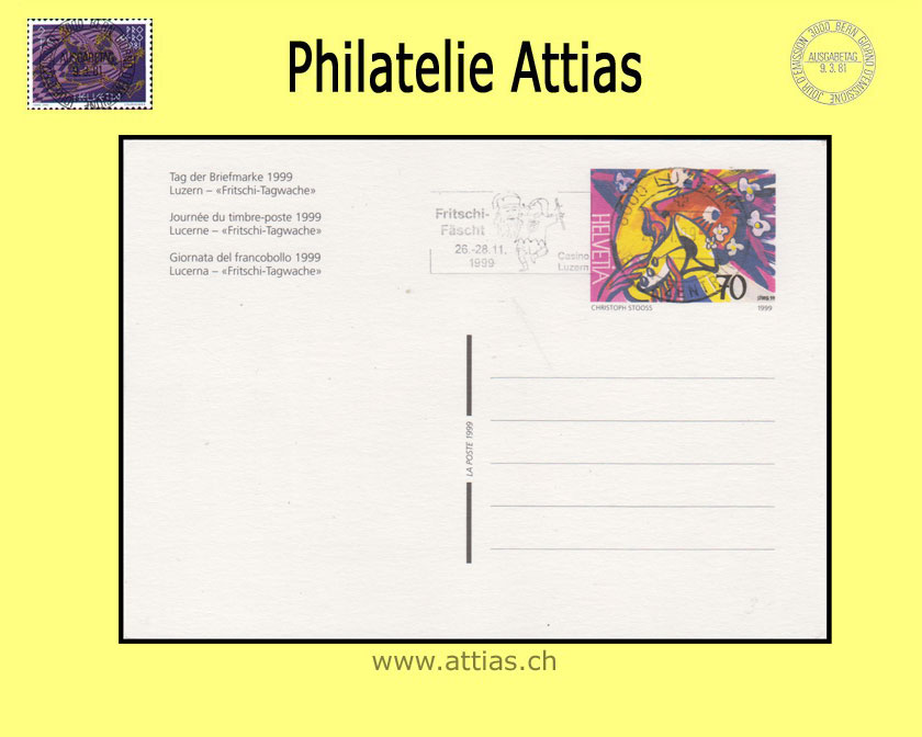 CH 1999 Stamp Day Luzern LU,  postal card  cancelled  with machine flag 28.11.99 6000 Luzern Fritschi-Fäscht