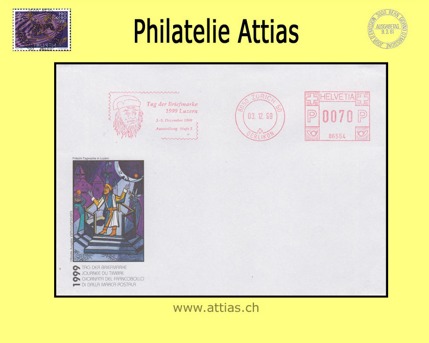 CH 1999 Stamp Day Luzern LU, cover  cancelled with franking machine VSPhV 03.12.99 8050 Zürich 50 Oerlikon