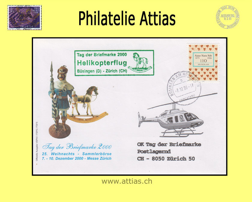 CH 2000 TdB Zürich ZH, Umschlag gestempelt 7.12.00 DE-Büsingen am Hochrhein & grünem Zusatzstempel Helikopterflug