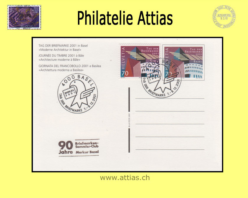 CH 2001 TdB Basel BS,  Bildpostkarte gestempelt 7.-9.12.2001 4000 Basel mit Zusatzstempel 90 J. Merkur