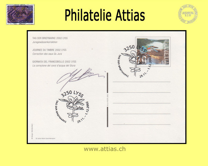 CH 2002 TdB Lyss BE,  Bildpostkarte gestempelt 29.11.-1.12.2002 3250 Lyss mit Unterschrift des Entwerfers