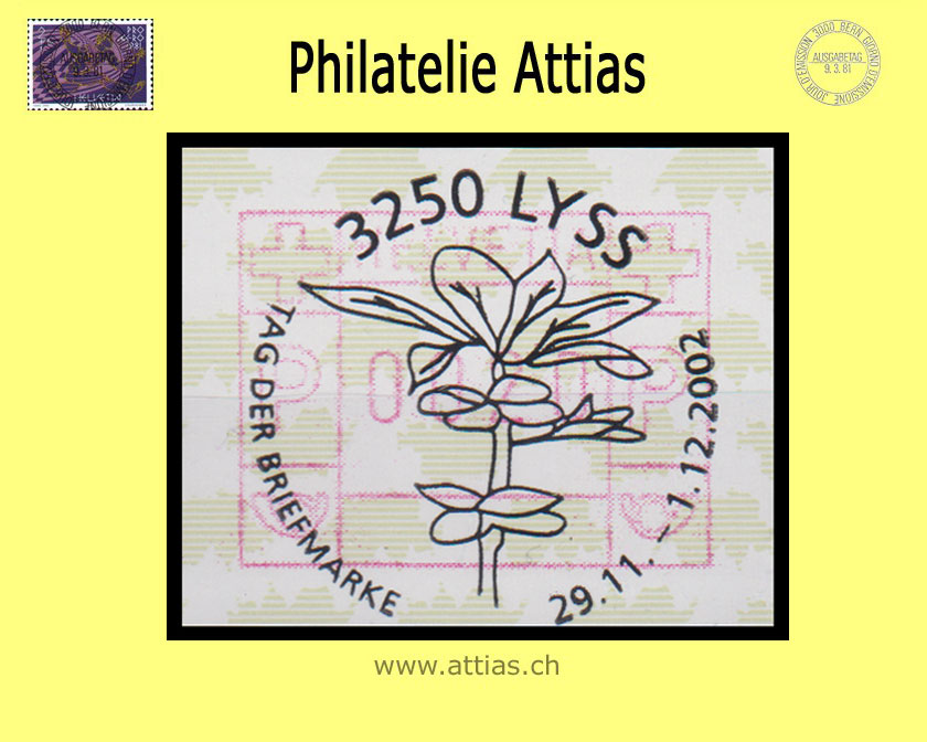 CH 2002 Stamp Day Lyss BE, Special cancellation Tag der Briefmarke 2002 on Frama stamp (ATM)