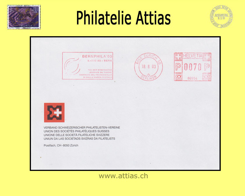 CH 2003 Stamp Day Bern BE, society cover cancelled with franking machine VSPhV 18.8.03 8050 Zürich 50 Oerlikon