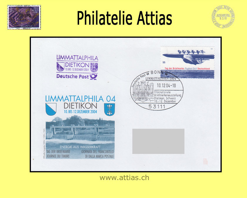 CH 2004 Stamp Day Dietikon ZH, cover cancelled 10.12.04 53111 Bonn Limattalphila with add-on cancellation Deutsche Post