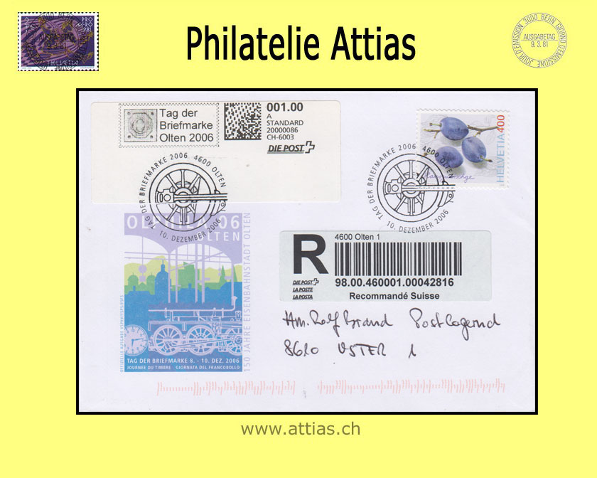 CH 2006 Stamp Day Olten SO, cover with webstamp cancelled 10. Dezember 2006 4600 Olten - registered mail
