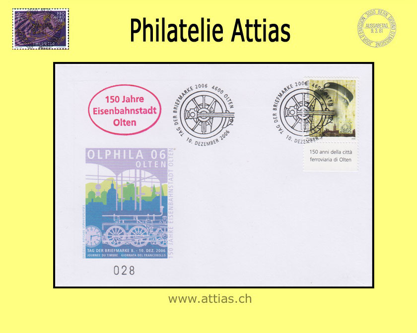 CH 2006 TdB Olten SO, Umschlag gestempelt 10. Dezember 2006 4600 Olten mit Zusatzstempel Eisenbahnstadt